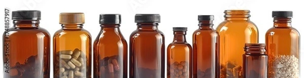 Fototapeta Amber bottles filled with pills, capsules and powders
