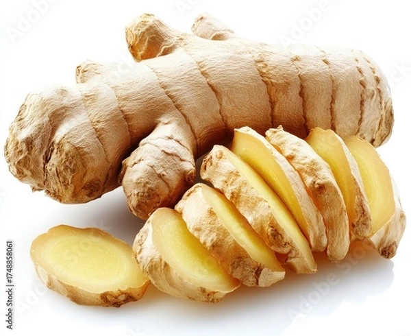 Fototapeta Sliced and whole ginger root, showing tan skin and yellow inside