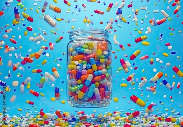 Fototapeta Colorful pills & capsules float around a jar