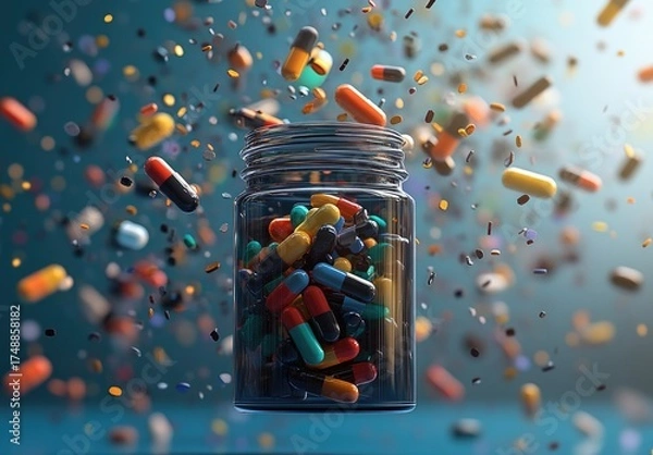 Fototapeta Exploding jar of colorful pills in mid-air