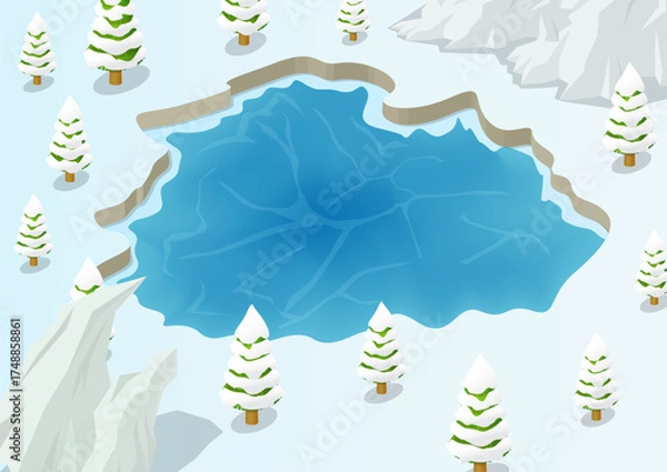 Obraz Isometric lake in winter with snowy trees