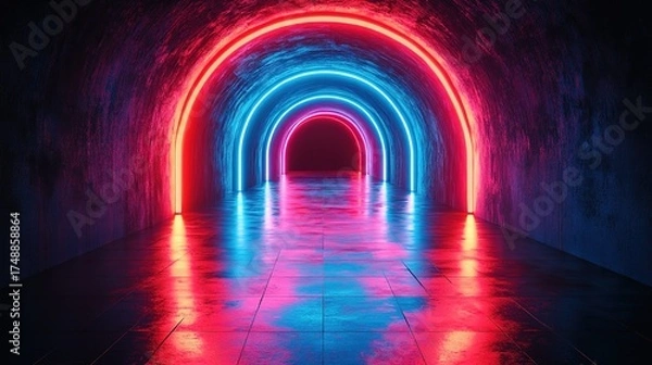 Fototapeta Red and Blue Arched Light Tunnel: Futuristic Architectural Passage with Symmetrical Reflections for Sci-Fi Films, Music Videos and Virtual Reality Scenes