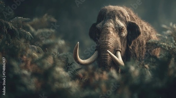 Fototapeta Majestic woolly mammoth portrait in an ancient forest environment