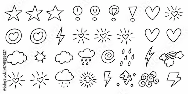 Fototapeta Collection of hand drawn doodle icons and symbols including stars hearts clouds lightning and sunbursts