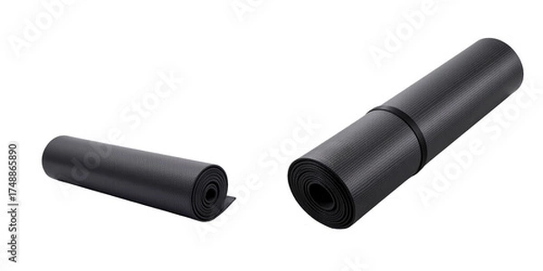 Fototapeta Two black yoga mats rolled up and ready for exercise or workout