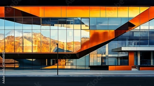 Fototapeta modern building with orange glass facade reflecting mountain sunset for stunning urban architectural design concept