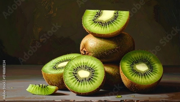 Fototapeta Close Up Kiwi Fruit Stacked and Sliced.