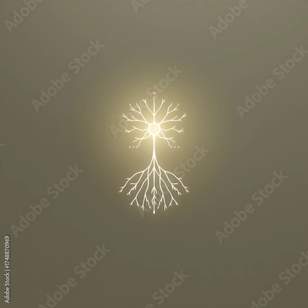 Fototapeta Abstract glowing tree-like design with roots and branches, radiating light against a muted background.