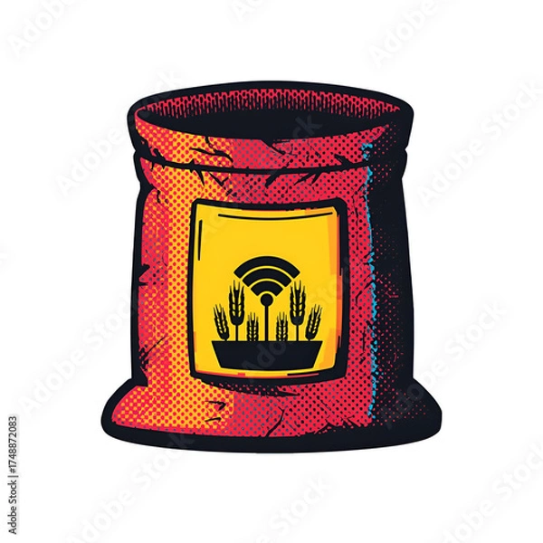 Fototapeta A red sack with a yellow label featuring wheat stalks and a wifi symbol, against a white background.