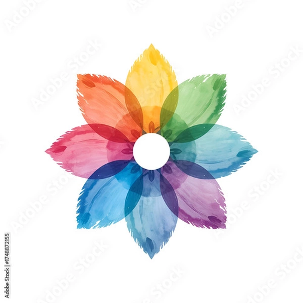 Fototapeta Watercolor flower with rainbow colored petals arranged around a central white circle.
