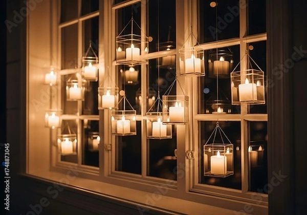 Fototapeta Candlelit Window Display - Warm Glow in a Dark Room.