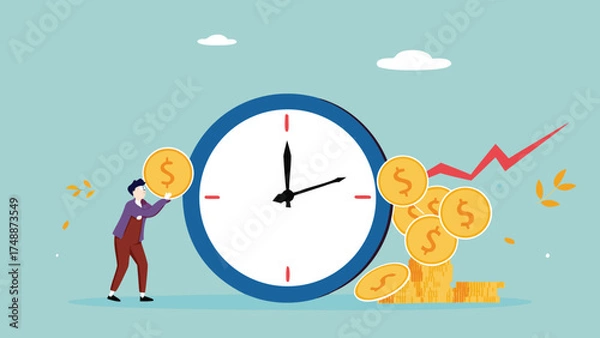 Fototapeta ROI, return on investment or long term investment success, increase in dividends or returns from the costs that have been invested, businessman invests money into big watch to get return profit

