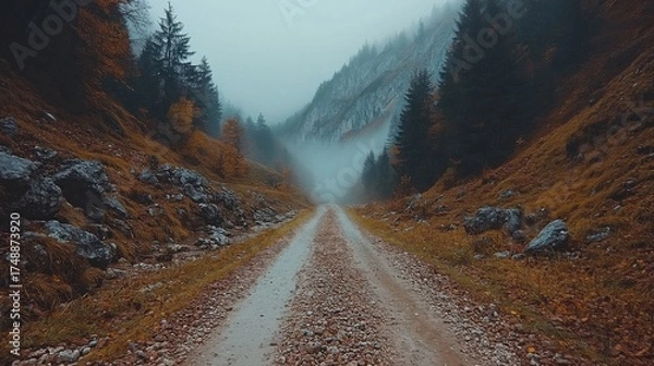 Fototapeta A gravel road disappears into a foggy mountain valley, flanked by autumn foliage