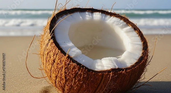 Obraz Coconut Half on Sandy Beach with Ocean Backdrop.
