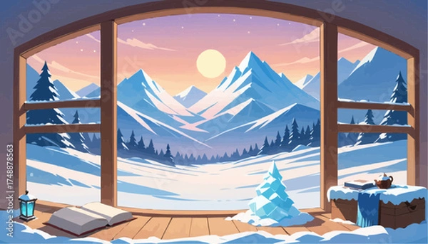 Fototapeta Scenic Winter Mountain Landscape View Through Large Window with Snowy Forest and Sunset