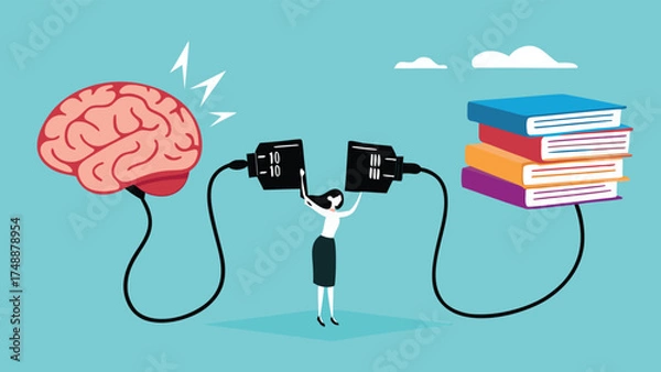 Fototapeta read books to learn new lessons, literature or intelligence information, improve literacy and numeracy skills, woman connect plug with stack of book with human brain concept vector illustration

