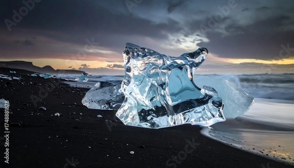 Obraz Icelandic Glacier Ice on Black Sand Beach.