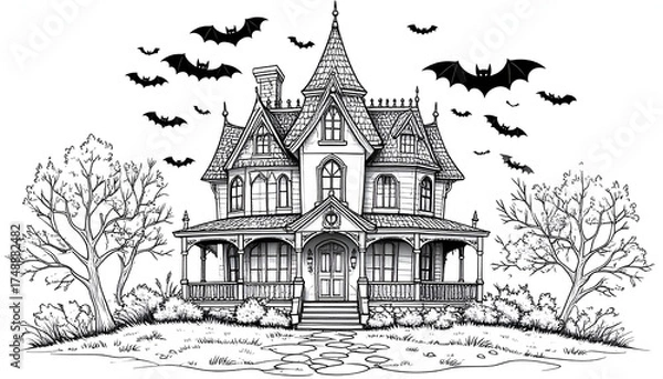 Fototapeta Spooky Haunted House with Bats Halloween Illustration.
