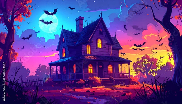 Fototapeta Haunted Victorian Mansion Under a Full Moon with Bats Flying at Sunset.