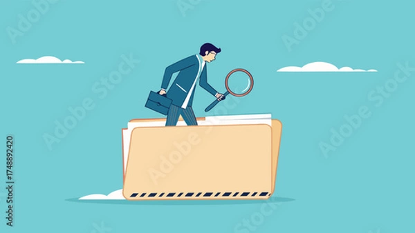 Fototapeta Document, search or file archive, office contract concept, research papers or documentation files, company documents archive, businessman looking for files in a document file using a magnifying glass
