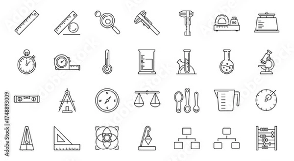 Fototapeta Measurement and science thin line icon set. Vector symbols for education, lab research in physics, chemistry. Precision instrument and equipment collection for measuring.