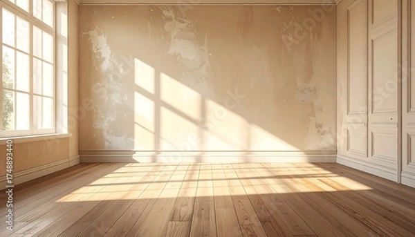 Fototapeta A sunlit empty room with antique-style paneling and worn walls creates a tranquil, vintage atmosphere.