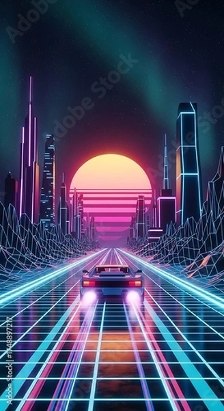Fototapeta Retro Cityscape Drive - A Synthwave Journey into the Neon Sunset.