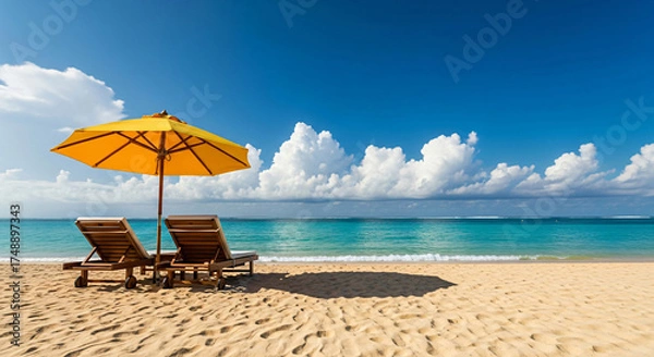 Fototapeta Beach Scene with Umbrella and Chairs on Sandy Shore