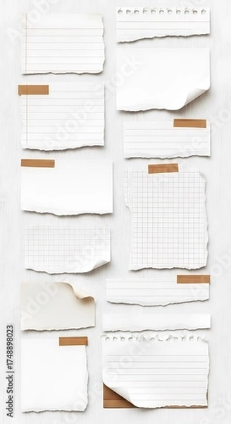 Fototapeta Torn paper pieces with tape for notes and reminders.