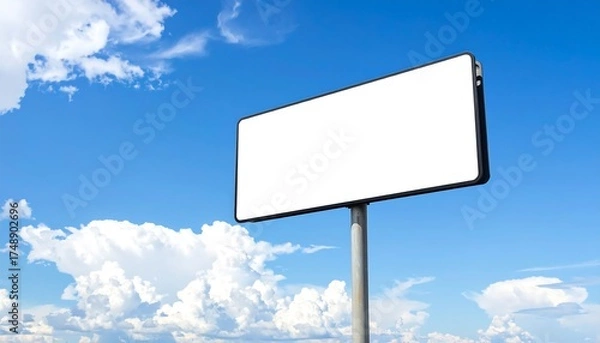 Fototapeta Empty billboard against a vibrant blue sky dotted with fluffy white clouds.