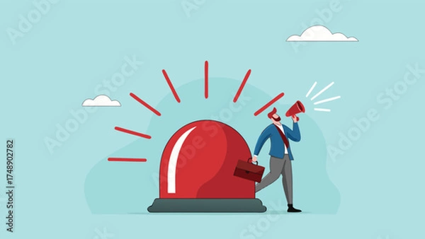 Fototapeta state of emergency declaration, provide emergency information to others as a precaution, warning about danger concept, businessman with megaphone giving instructions about current state of emergency

