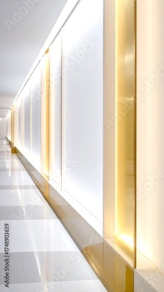 Fototapeta Modern, minimalist hallway with glowing gold accents and bright white walls creates a sleek and sophisticated atmosphere.