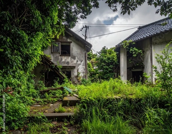 Fototapeta 緑で覆われた古びた民家の廃墟