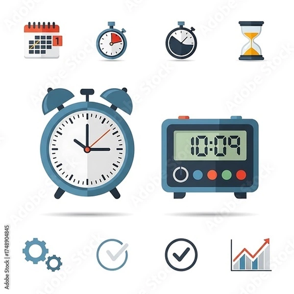 Fototapeta Time Management Icons - Clocks, Calendar, and Productivity Tools.