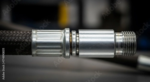 Fototapeta Close-up of a Braided Hose with Silver Fitting and Threads.