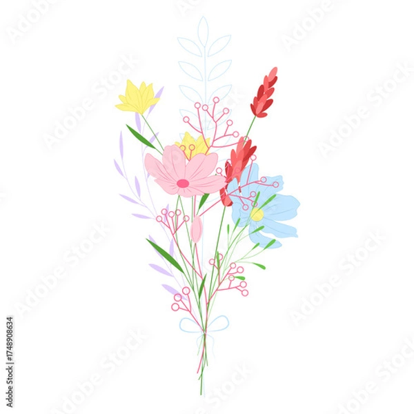 Obraz A delicate bouquet of colorful wildflowers in pink, yellow, blue, and red, tied with a thin ribbon.