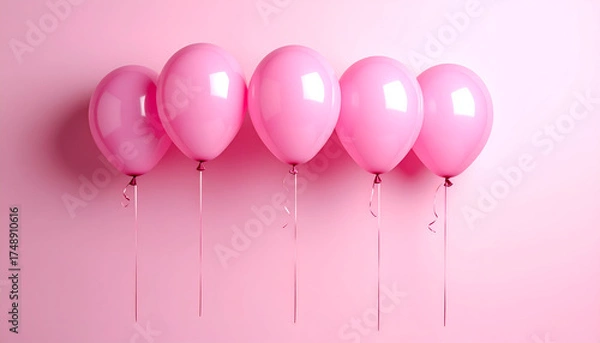 Fototapeta Five Pink Balloons Floating Against a Solid Pink Background.