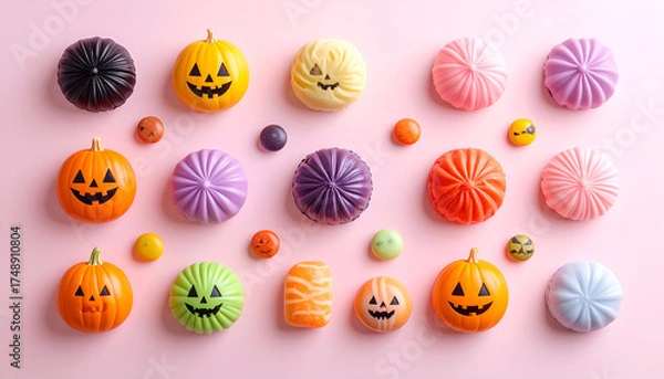 Fototapeta Colorful Halloween Candy Assortment on Pink Background.