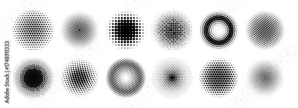 Obraz Halftone radial gradient collection. Dotted textured round patterns. Comic faded circles background set. Pixelated element pack for frame, poster, collage, banner, flyer. Vector cartoon bundle