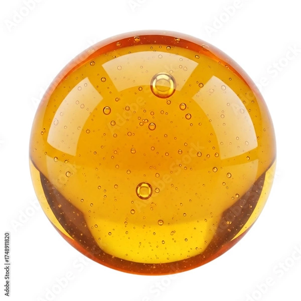 Fototapeta Close-up of a transparent, amber-colored glass sphere with internal bubbles, isolated on a white background.