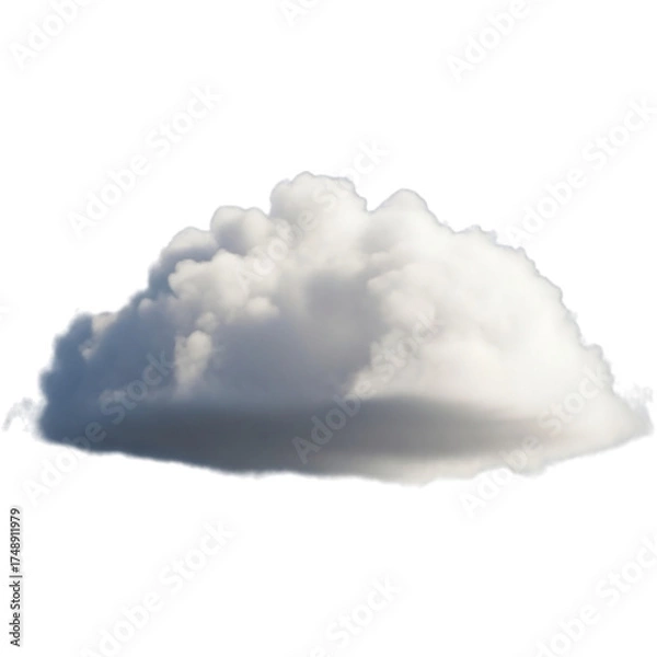 Fototapeta Isolated fluffy white cumulus cloud, showcasing soft shadows and voluminous texture. Ideal for weather graphics, digital composites, serene sky backdrops, or atmospheric design elements