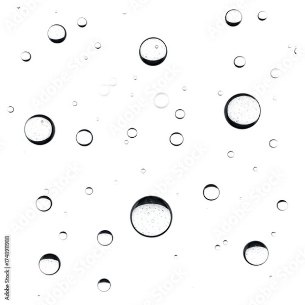 Fototapeta Abstract background of clear liquid droplets and bubbles on a white surface, representing purity and refreshment