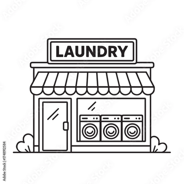 Fototapeta Vector minimalist icon of a laundry shop building, designed in simple black and white style with clean black outlines for modern commercial illustration.