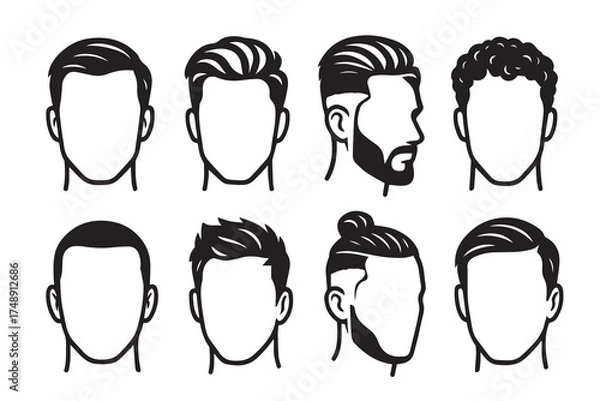 Fototapeta Vector minimalist composition displaying adult male heads with assorted haircuts, illustrated in black and white and accentuated with bold black outlines.