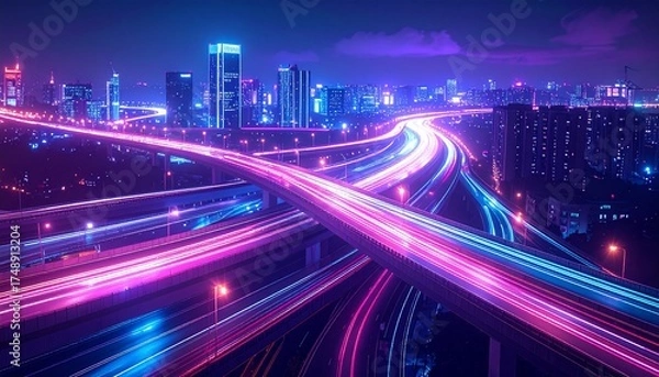 Obraz Complex highway interchange with colorful light trails, futuristic design style, night urban background, concept of modern transport infrastructure.
