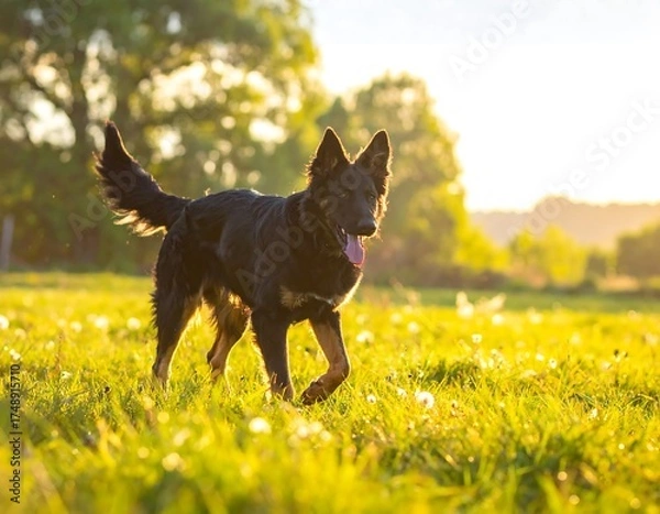 Fototapeta A black and tan dog runs through a grassy field bathed in golden sunlight.
