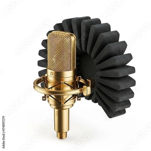 Obraz Golden Microphone with Acoustic Shield - Studio Recording Equipment.