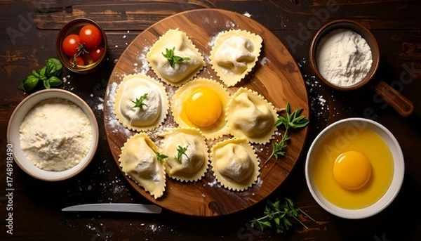 Fototapeta Ravioli, flour, and egg yolks arranged on a wooden board, ready for cooking.  A top-down view showcases the ingredients and preparation for a pasta dish.