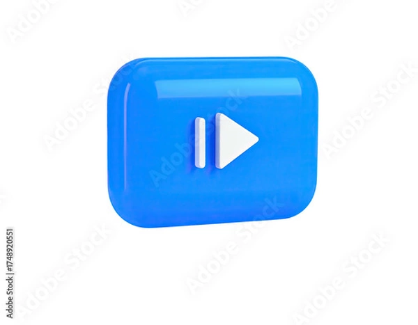 Obraz A glossy, blue 3D button with white pause and play icons on a black background