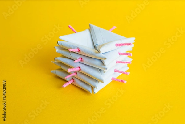 Fototapeta Close-up of a geometric stack of several white paper triangular firecrackers with pink fuses, on a vibrant yellow studio background.